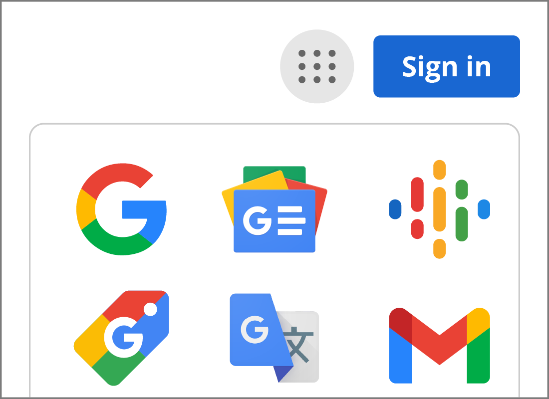 The app grid icon and apps panel on a Google Account