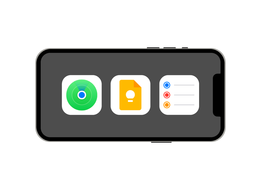 The Apple Find My, Google Keep and Apple Reminders app icons