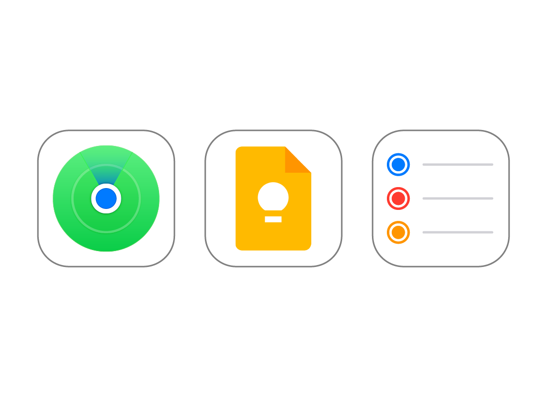 The Apple Find My, Google Keep and Apple Reminders app icons