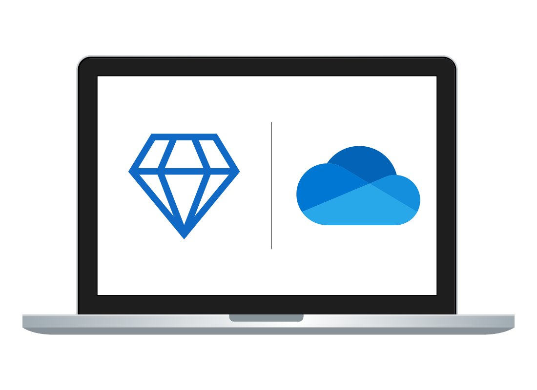 A laptop with the diamond and OneDrive logo displaying