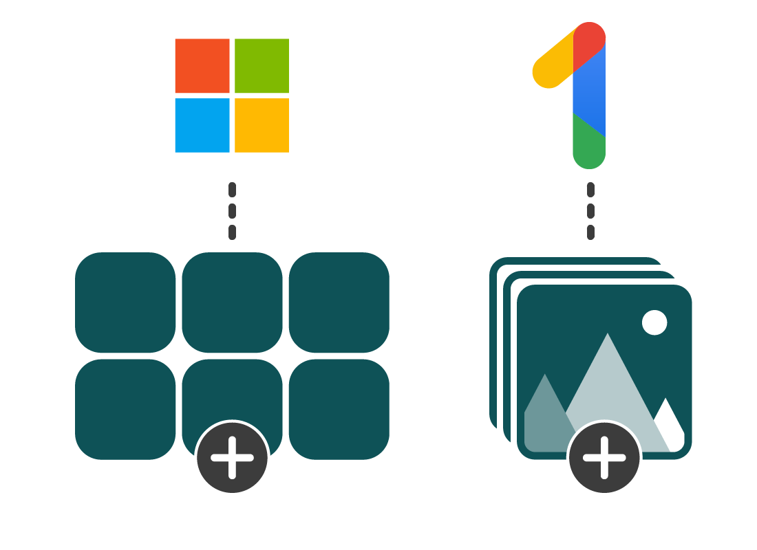 Windows and Google One icons above different files