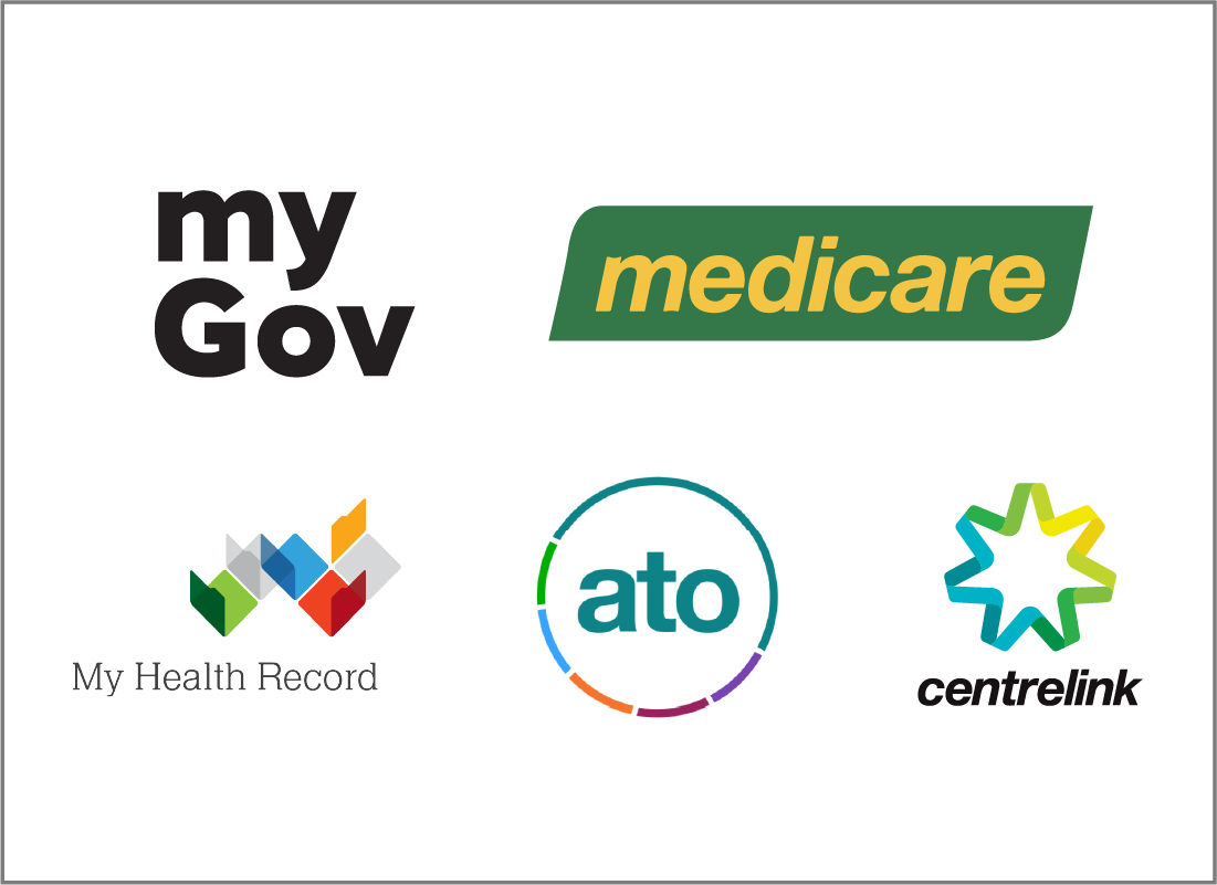 The myGov, Medicare, My Health Record, ATO and Centrelink logos.