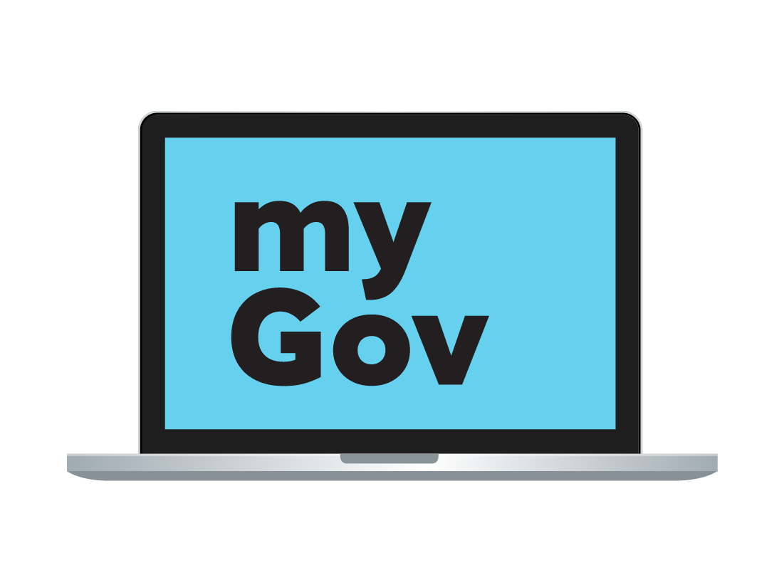 An illustration of a laptop computer showing the myGov word mark