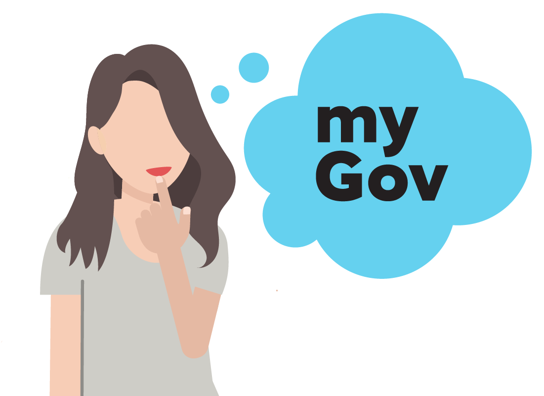 A graphic of a young lady thinking about myGov