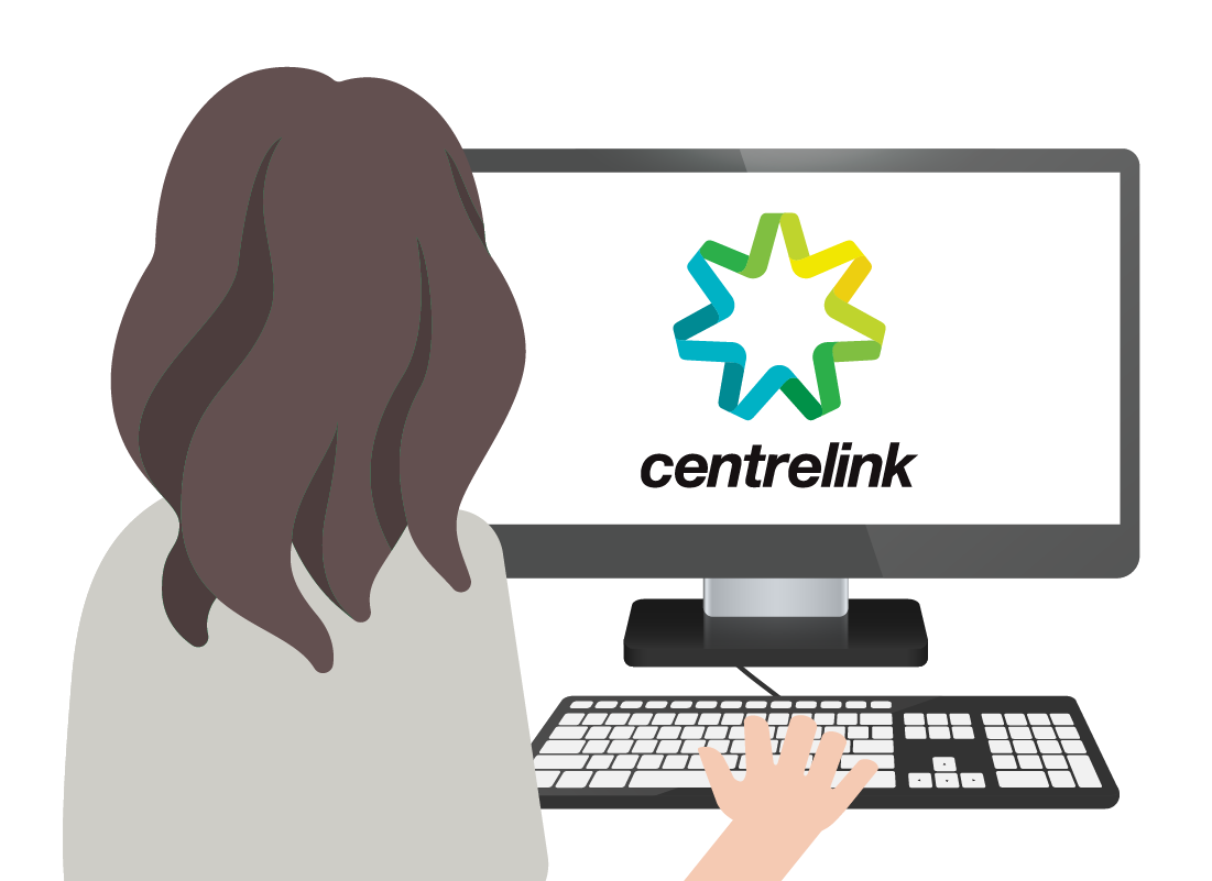 An illustration of a lady next to a computer monitor displaying the Centrelink logo