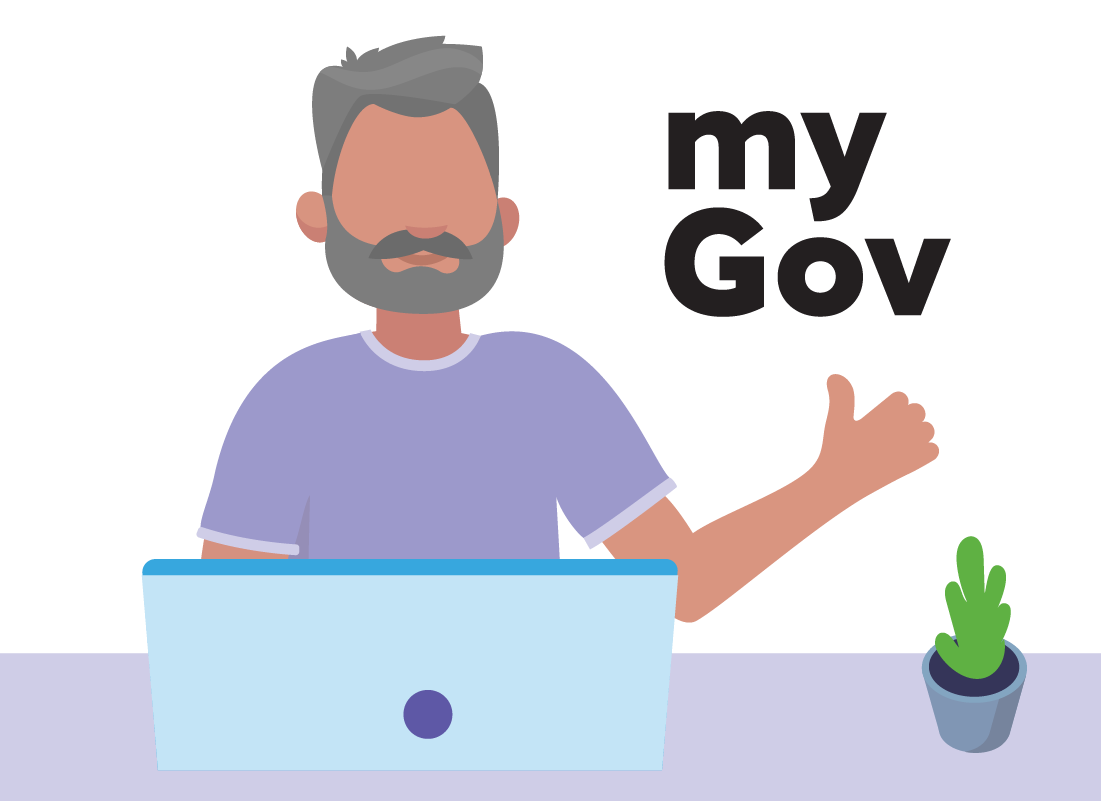 An illustration of a man using myGov on his laptop computer