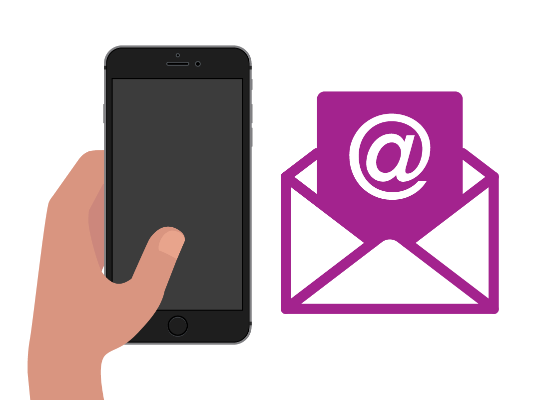 An illustration of a hand holding a mobile phone next to an icon of an email address