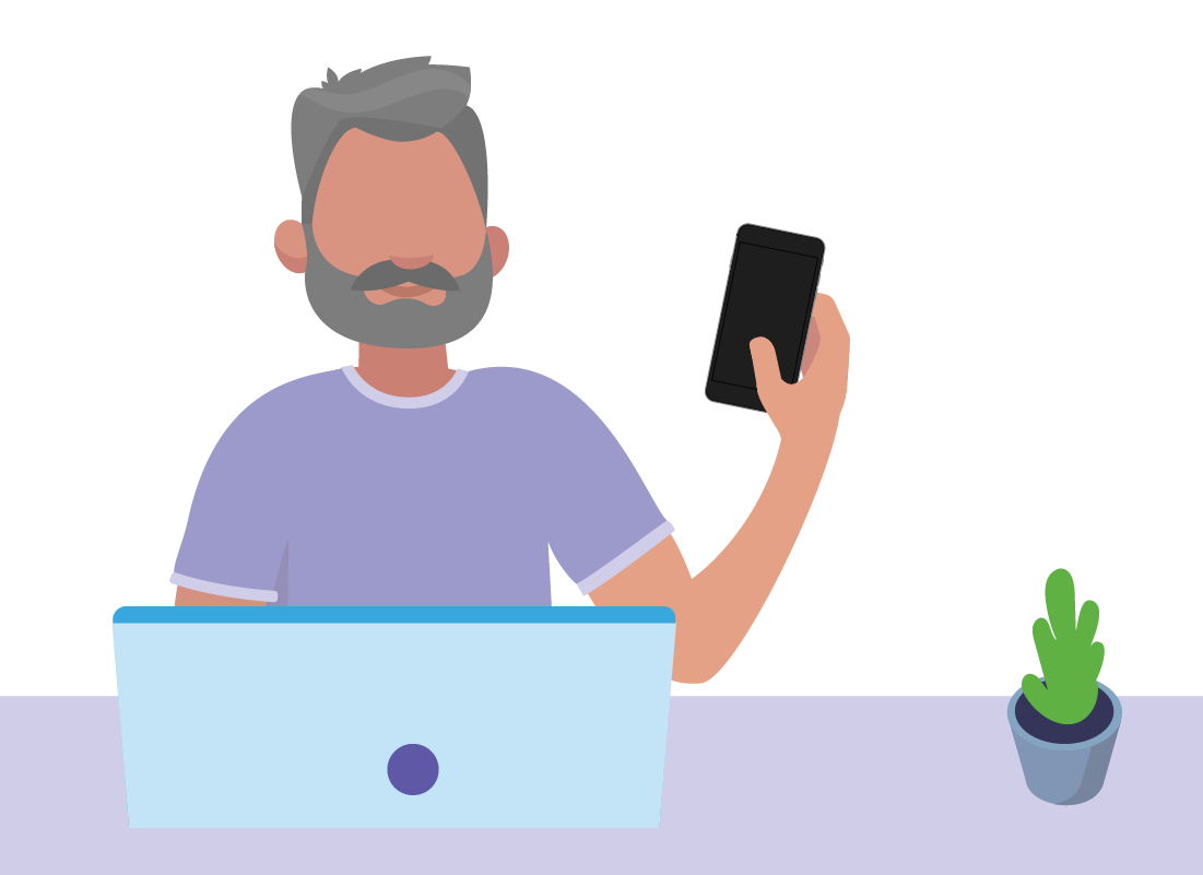 An illustration of a man using his laptop computer and mobile phone