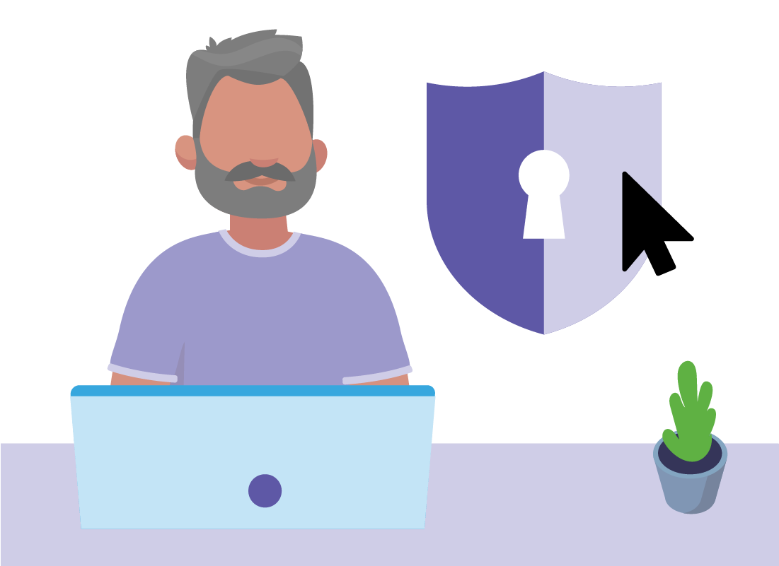 An illustration of a man using myGov on a laptop with a security shield next to him