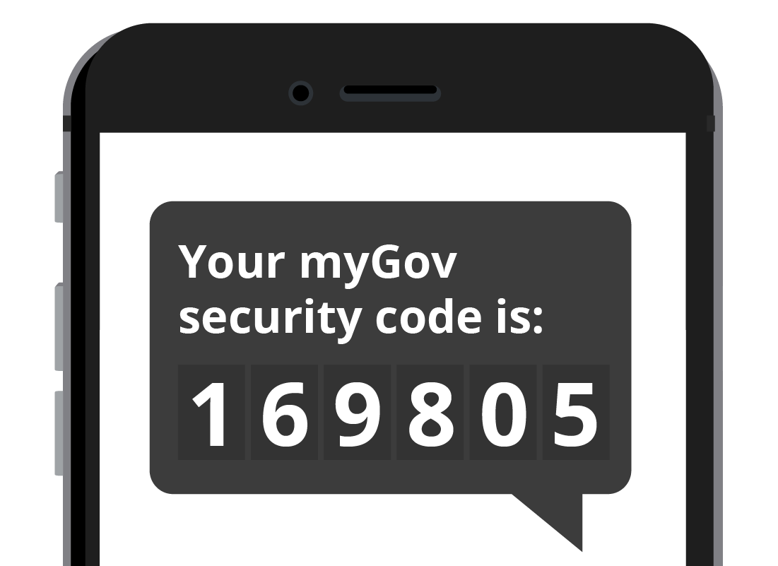 An image of a mobile phone showing a myGov secret code of 169805