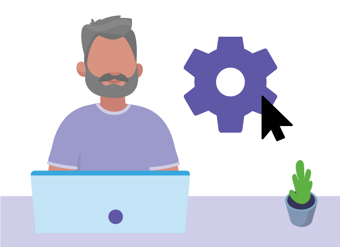 An illustration of a man using his laptop computer next to a large icon of a cog wheel