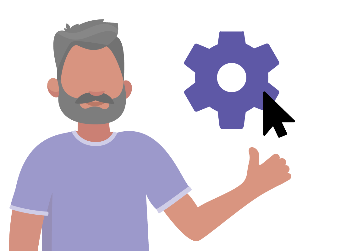 An illustration of a man giving the thumbs up next to a large icon of a cog wheel.