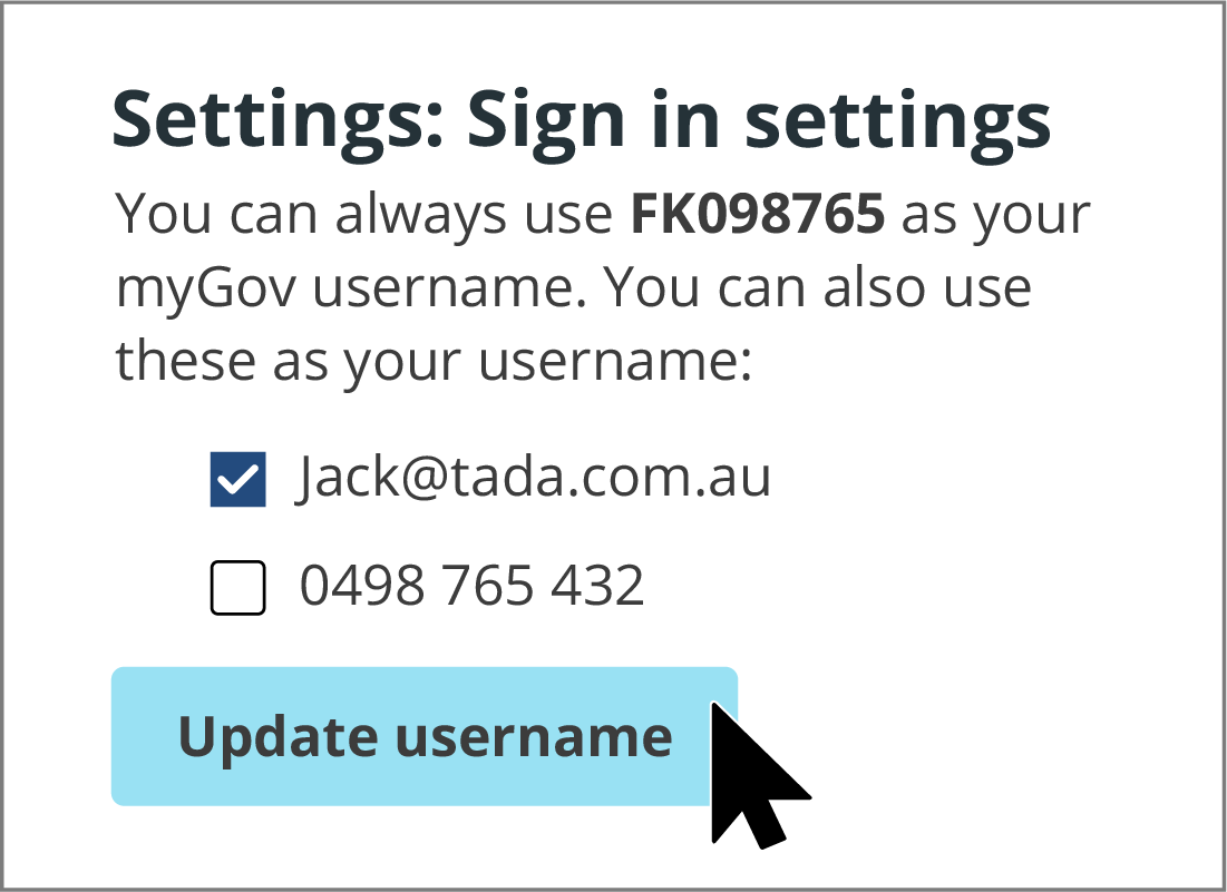 The myGov Settings: Sign in settings panel.