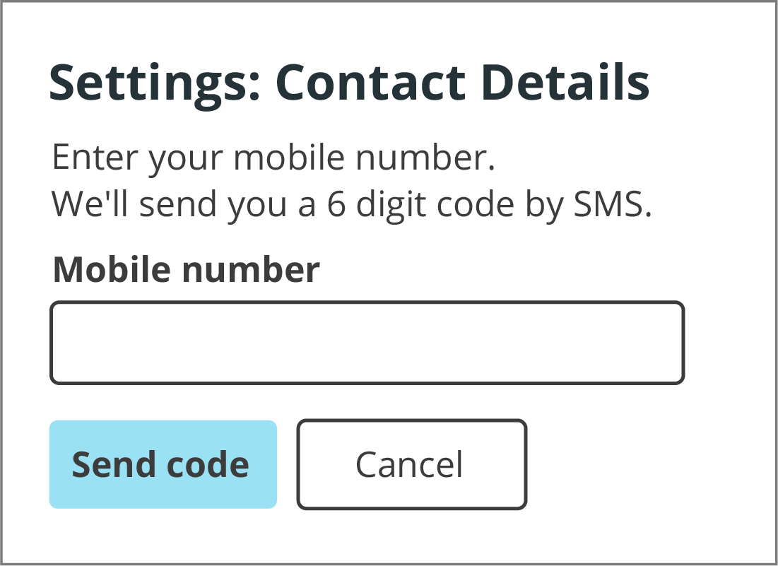 The myGov Settings:Contact Details panel Send code button highlighted.