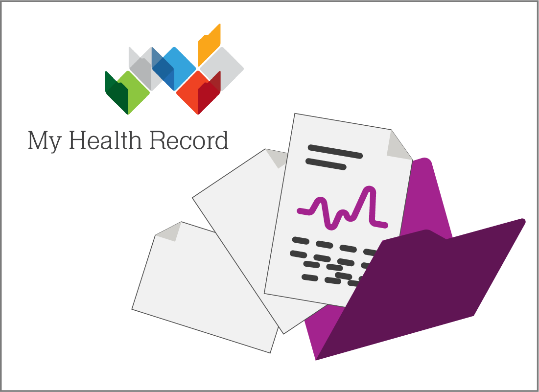 My Health Record logo with health documents in a folder