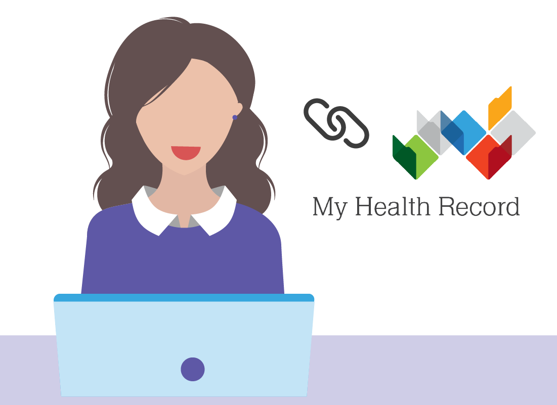 An illustration of a lady linking her My Health Record to myGov