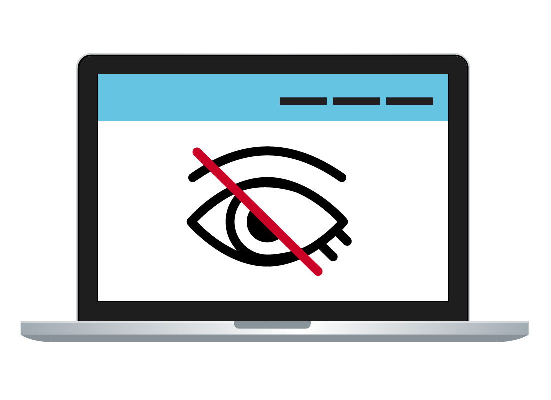 A laptop computer showing an icon of an eye with a cross through it