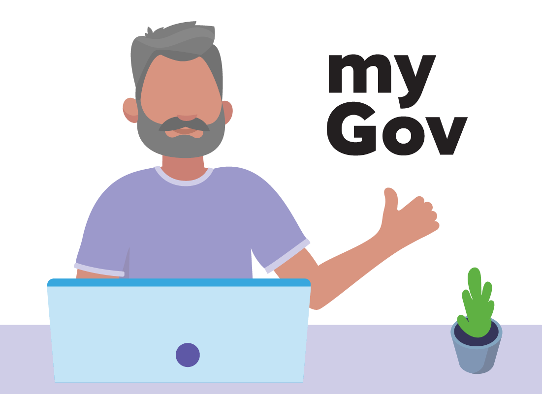 An illustration of a man using a laptop computer to review his myGov account online