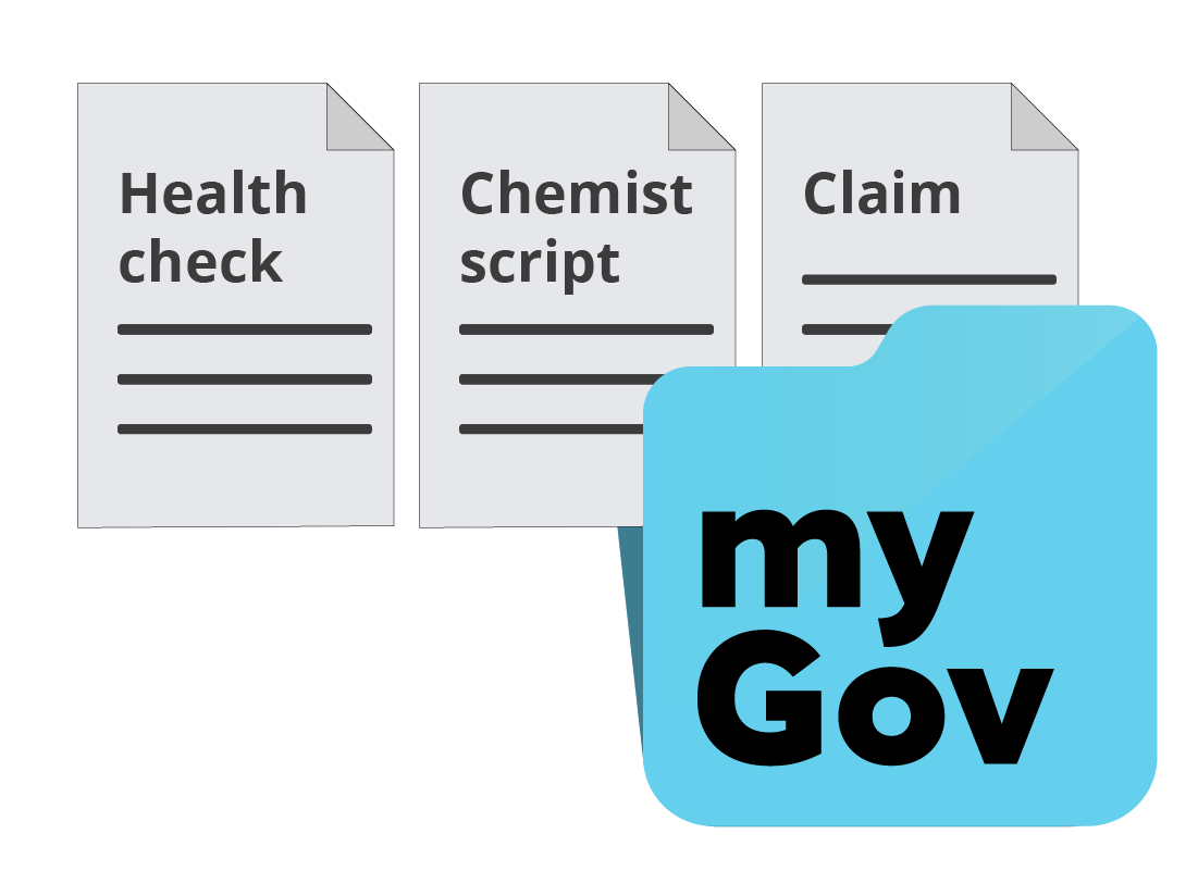 myGov logo with a number of health related documents