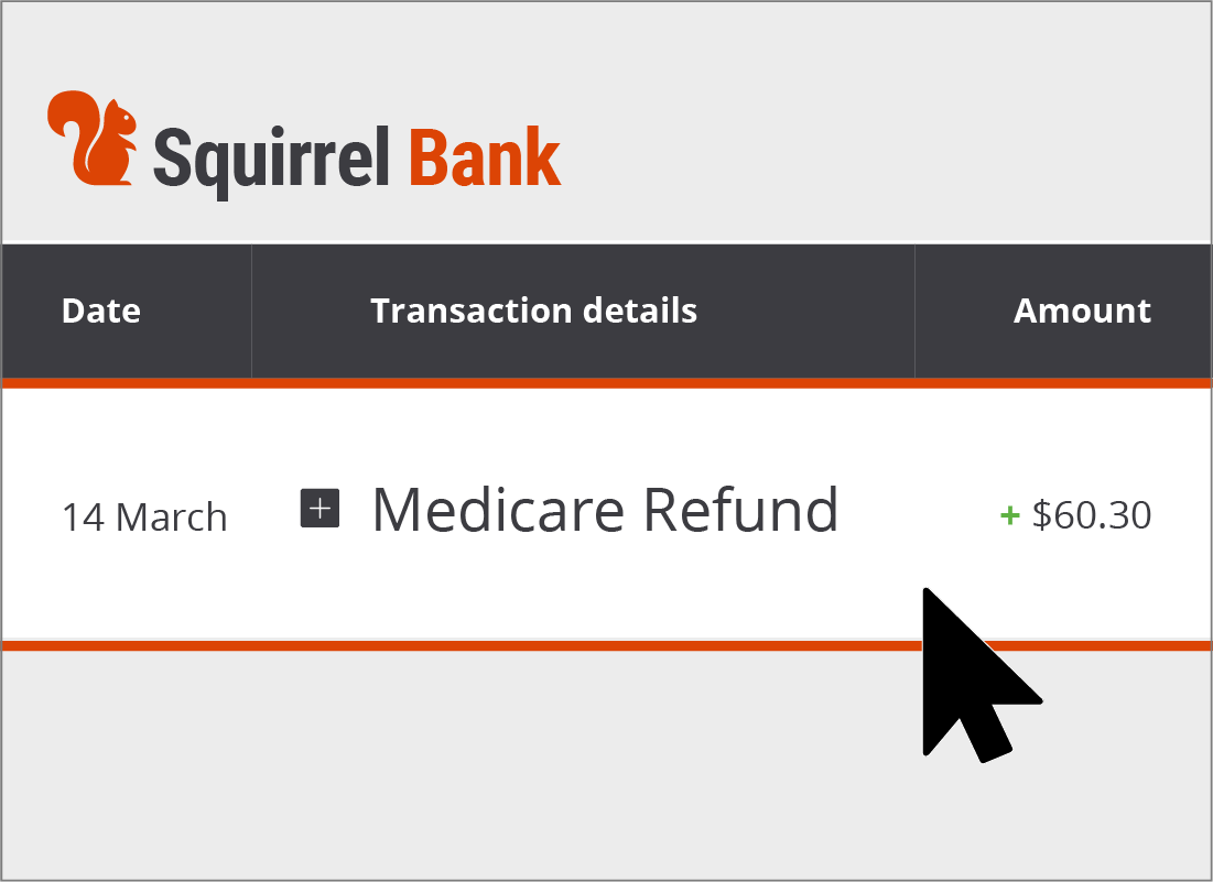 Bank account displaying Medicare refund in the transaction details