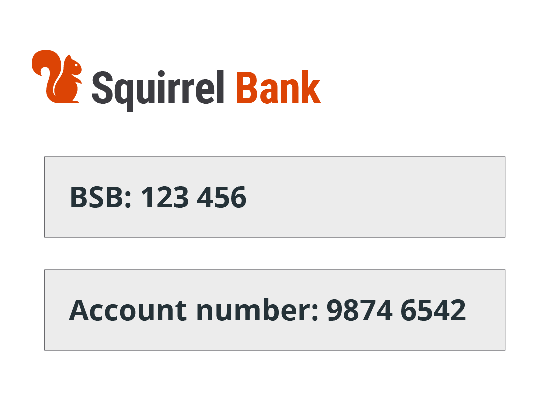 Julie's Squirrel Bank account showing BSB and account details