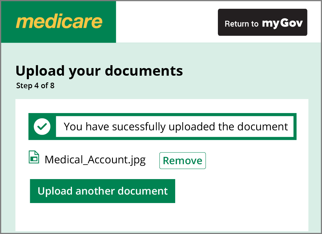 The Medicare Upload your documents confirmation message