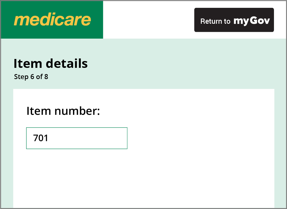 Julie's Medicare claim showing the correct item number entered