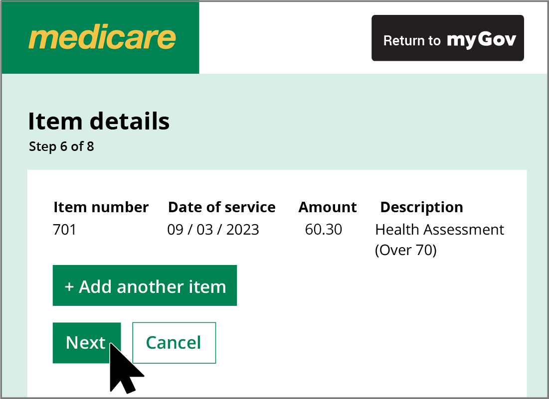 The Medicare Item details panel