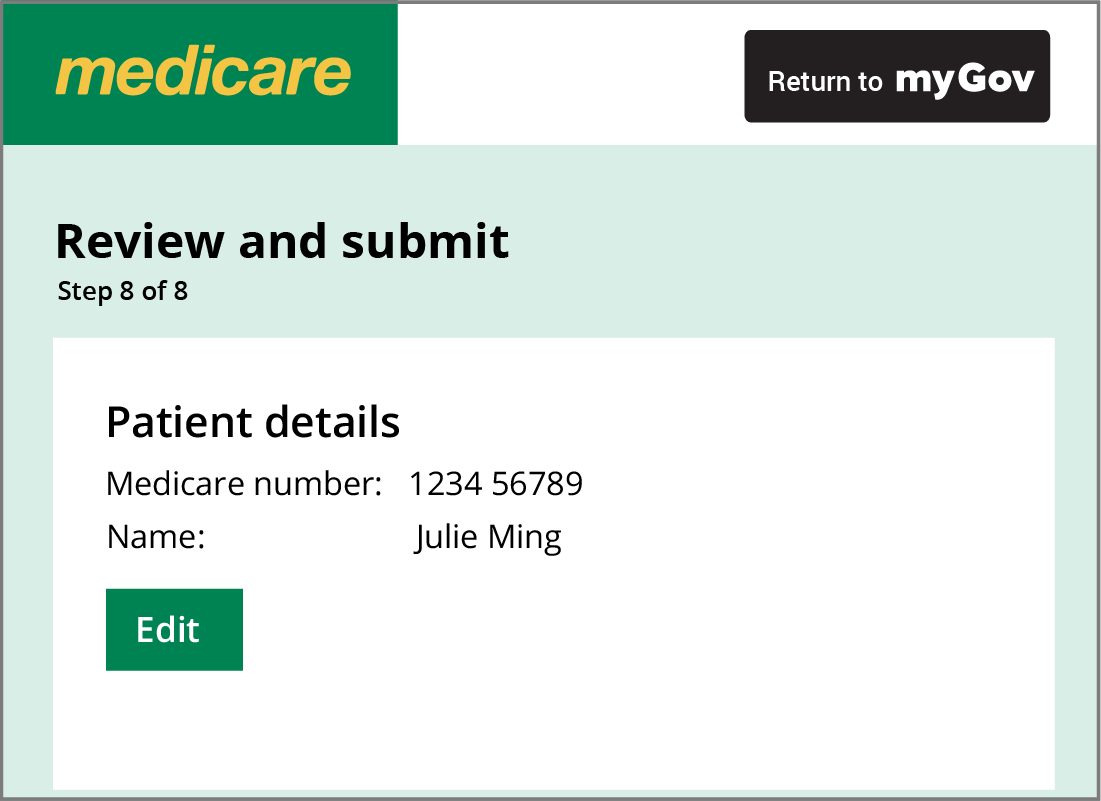 The Medicare Review and submit panel showing Patient details