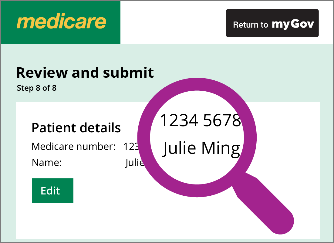 The Medicare Review and submit panel with a large magnifying glass icon