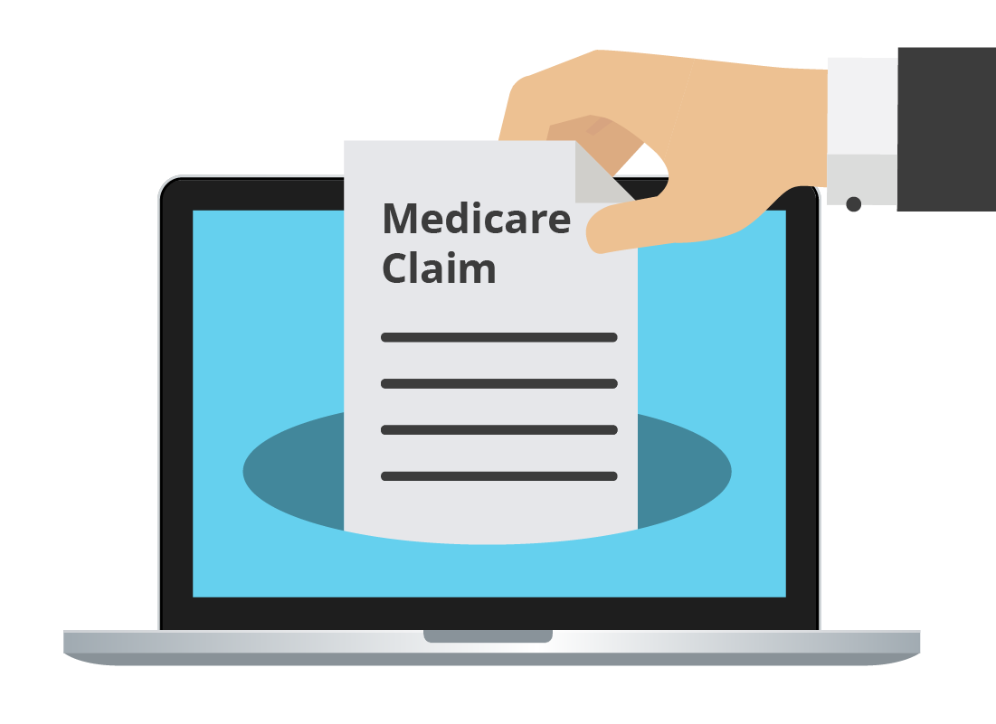 An illustration showing a Medicare claim form being submitted online