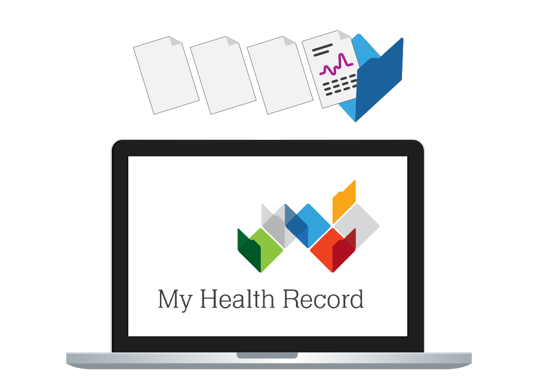 An illustration of a laptop computer displaying the My Health Record logo