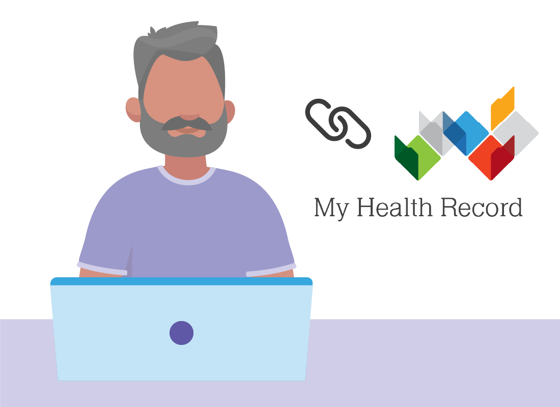 An illustration of a man and his laptop computer linking his My Health Record to myGov