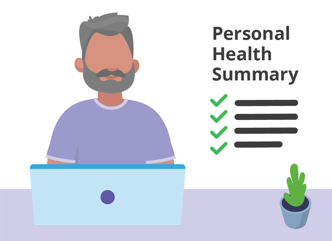 An illustration of a man adding a personal health summary to his My Health Record