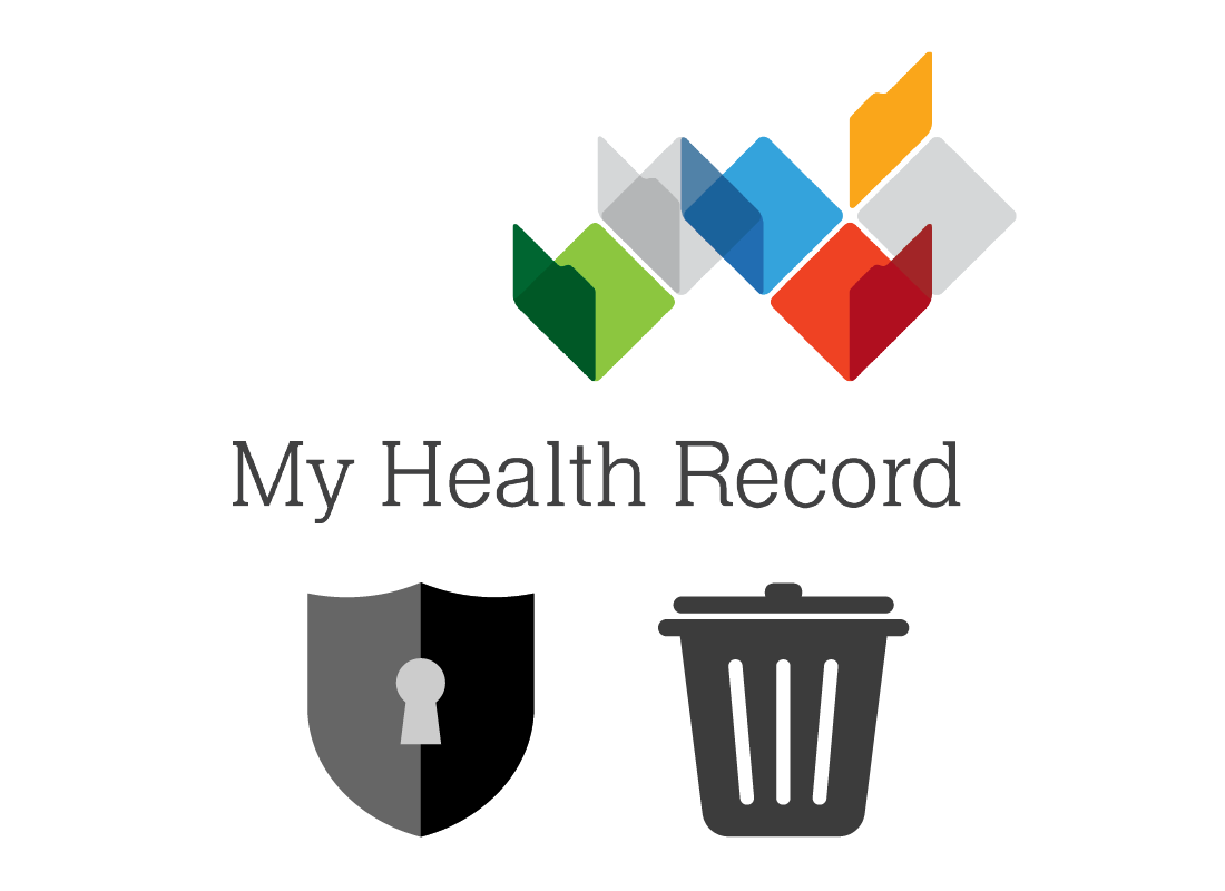 The My Health Record logo above a security shield and bin icons