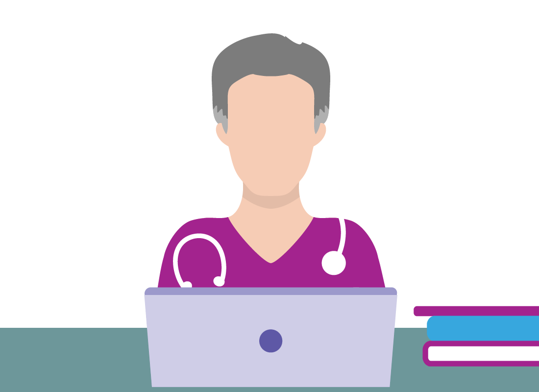 An illustration of a doctor at a laptop computer