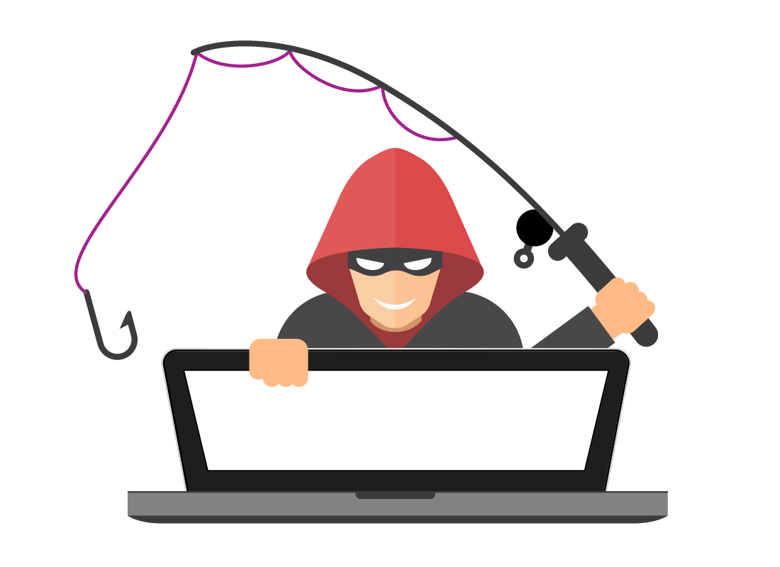 hacker with laptop and a fishing rod with hook