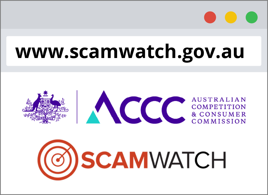 Browser showing scam watch URL and logo