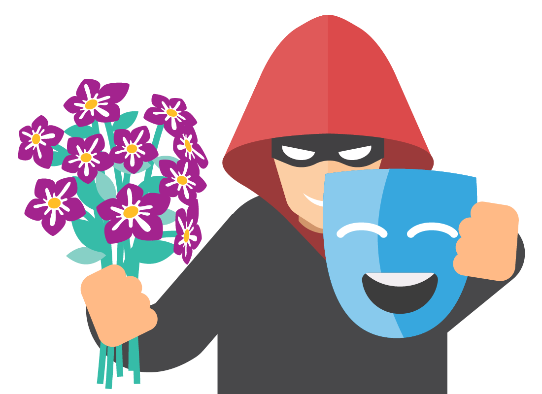 scammer holding and mask and flowers