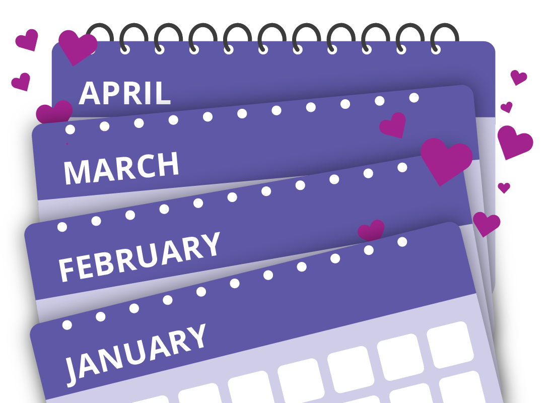 A calendar dispolaying 4 months and hearts