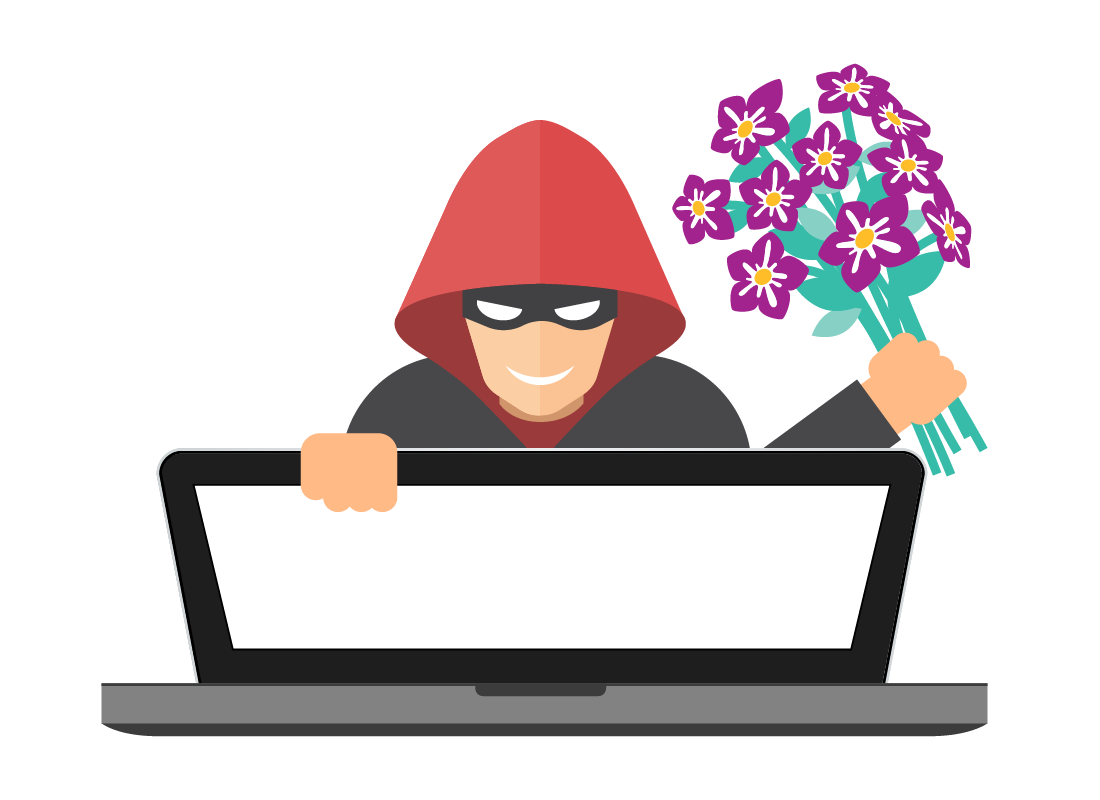 scammer over a laptop holding flowers