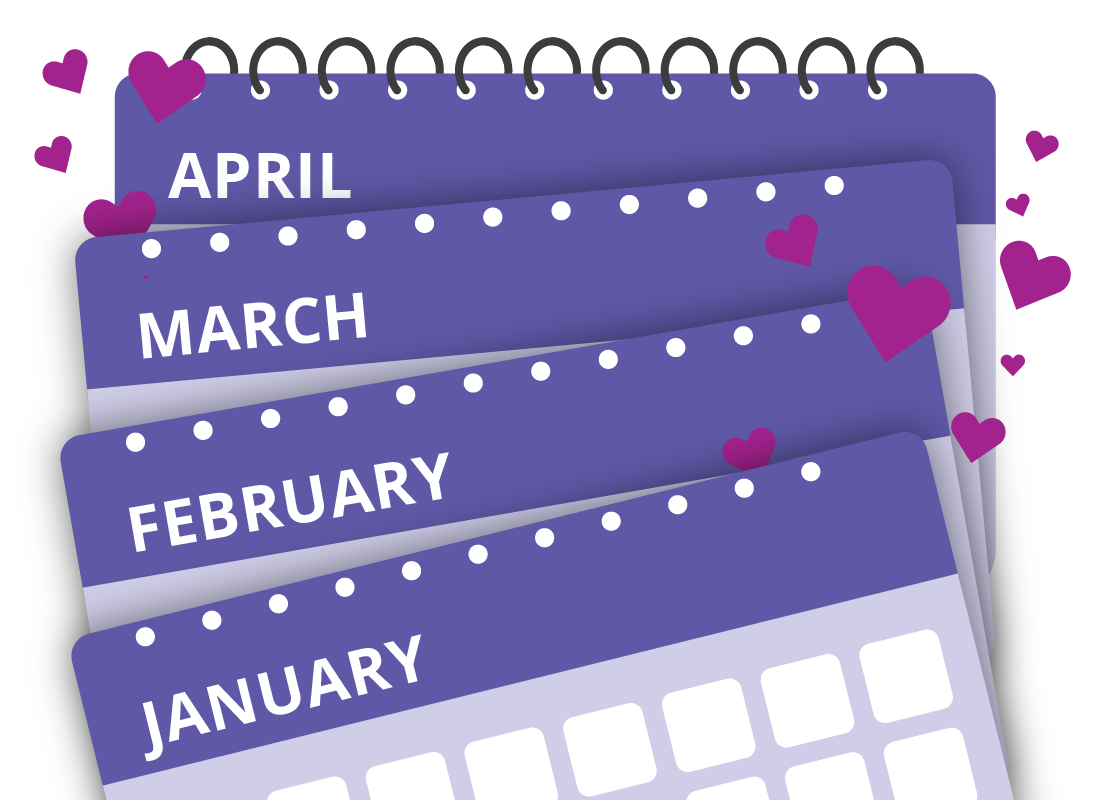 Calendar showing 4 months and hearts