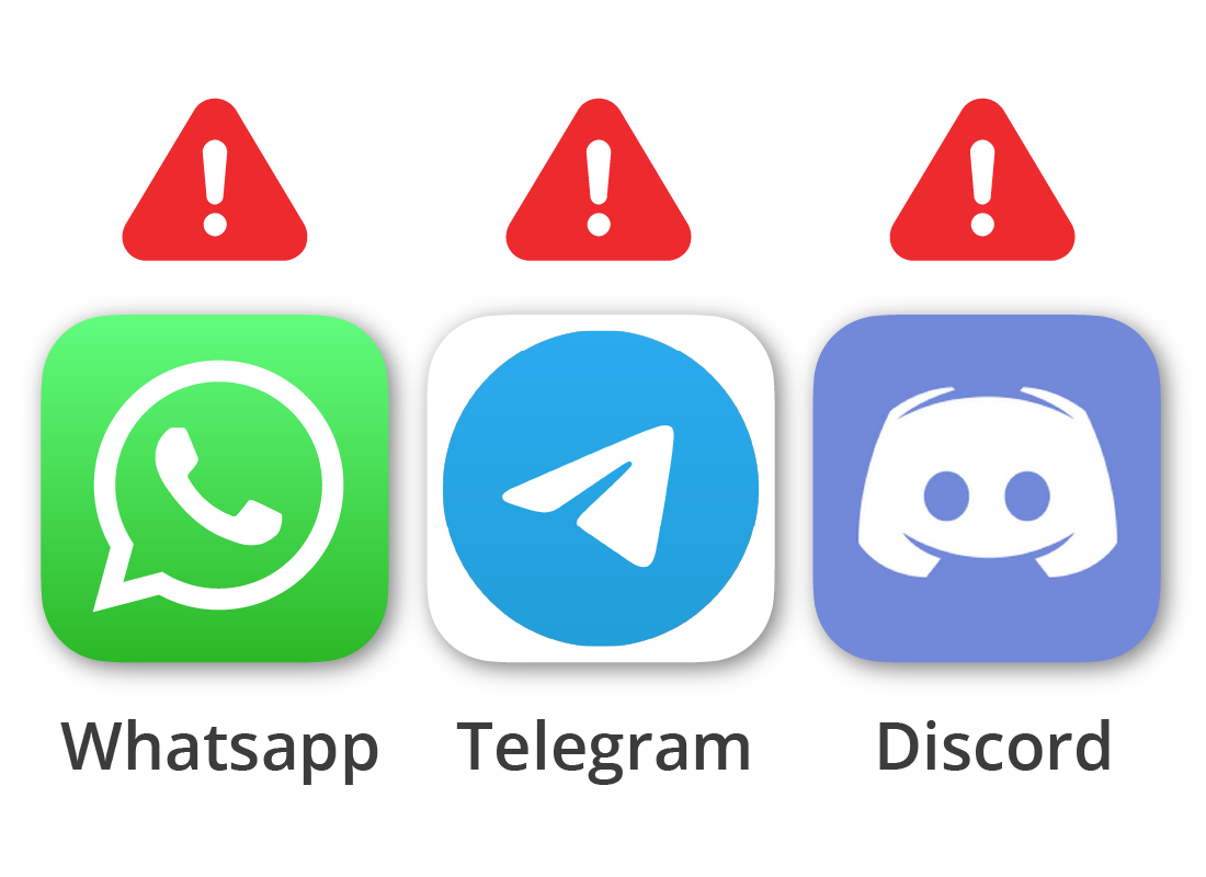 Popular encrypted messaging apps with exclamation points over them