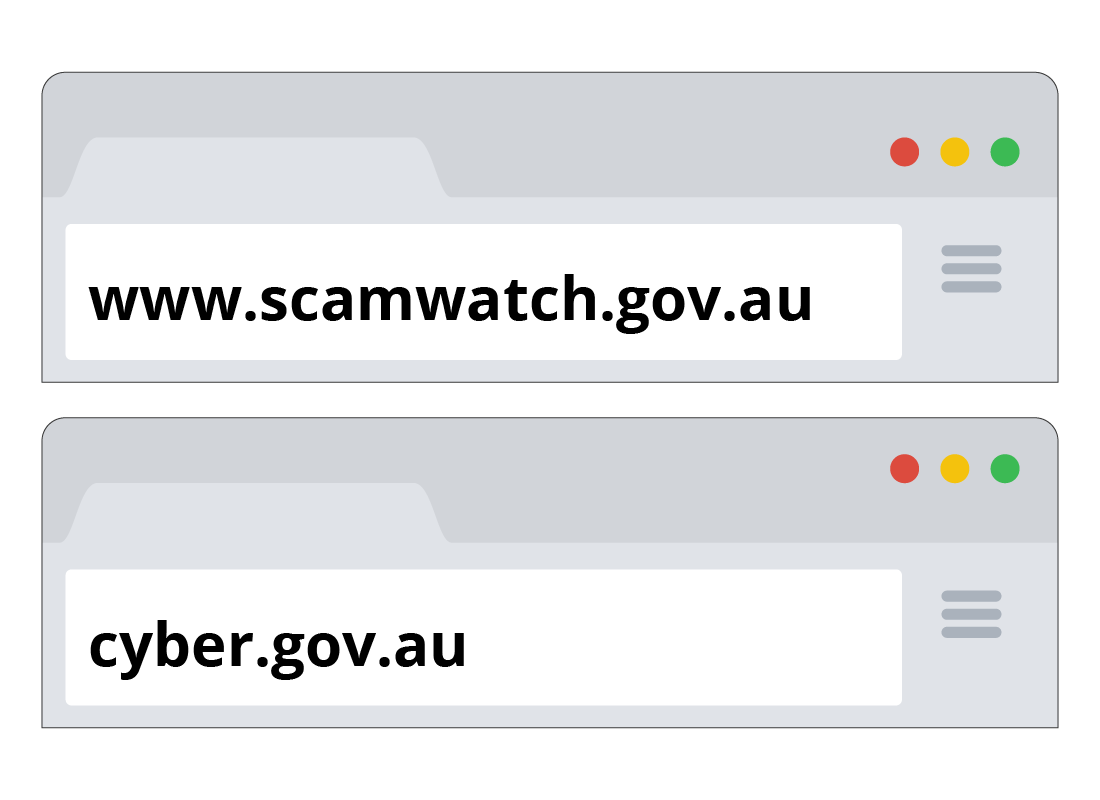 The scam watch and cyber.gov URLs displayed int he address bar