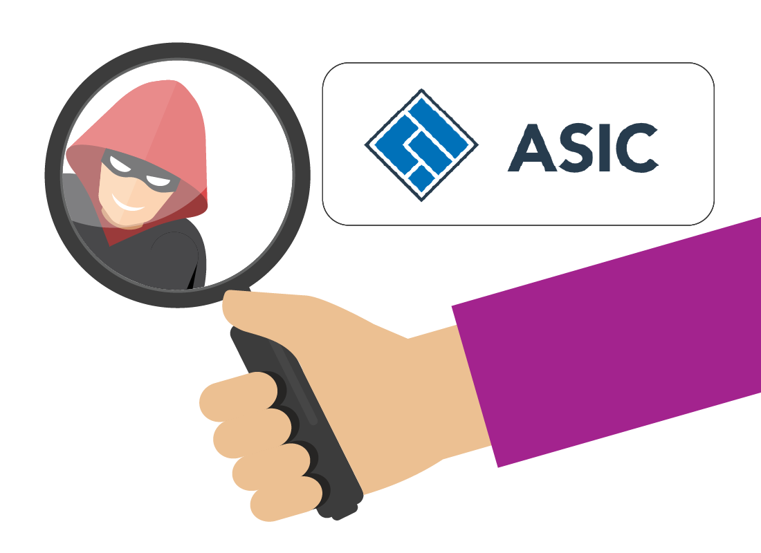 looking at a scammer through a magnifying glass and the ASIC logo