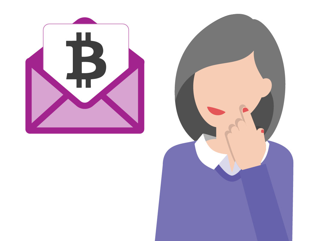 woman thinking about an email regarding bitcoin