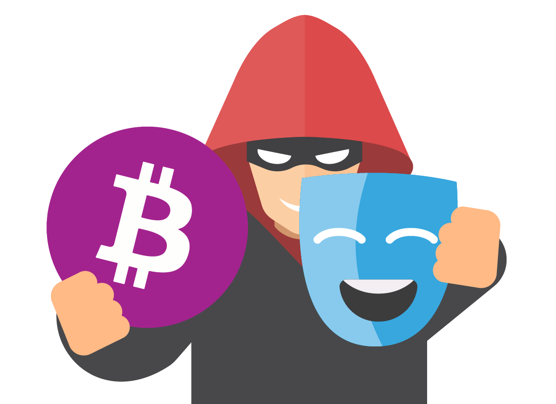 scammer holding a mask and a bitcoin
