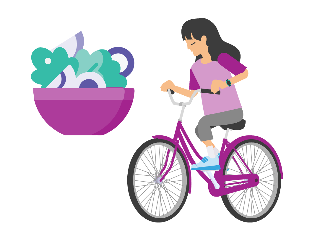 lady riding a bike and a bowl of salad