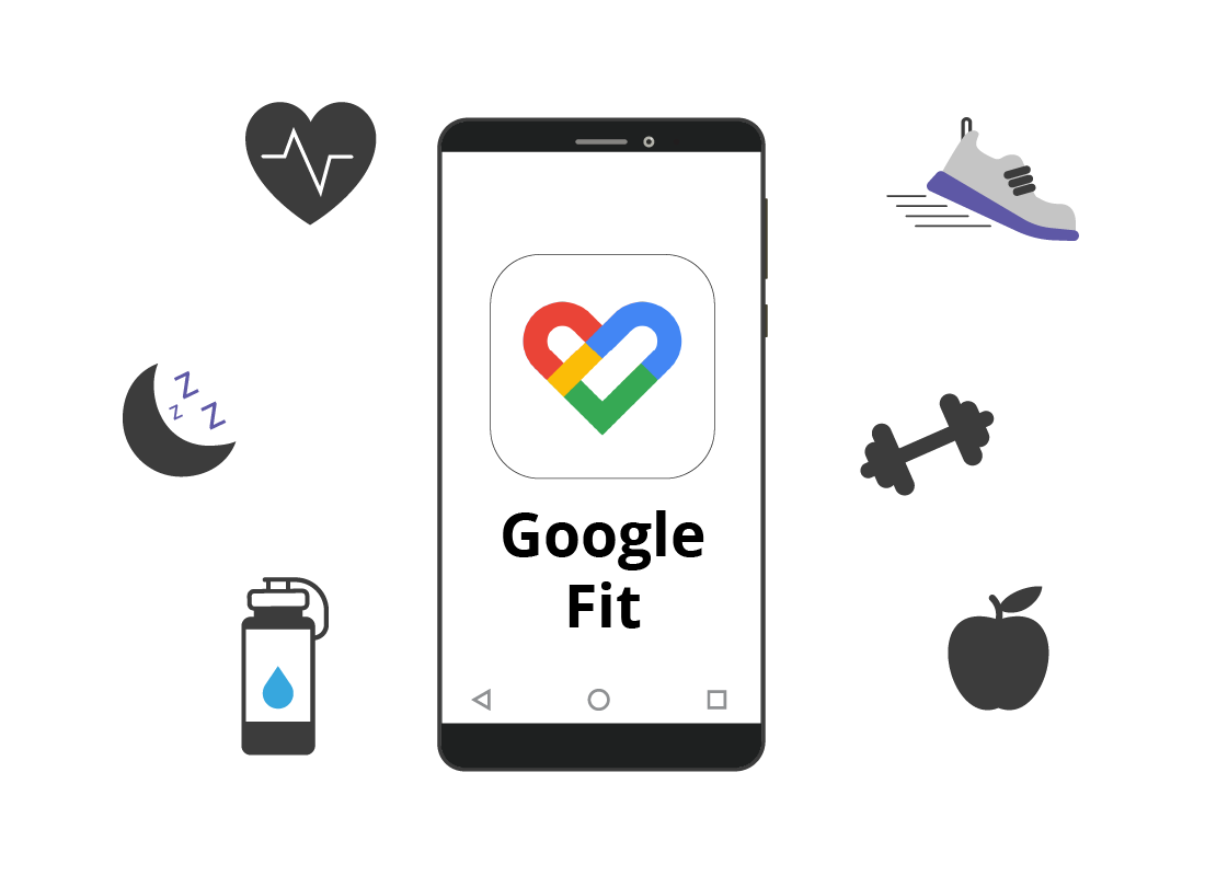 Android phone with Google Fit app and fitness icons