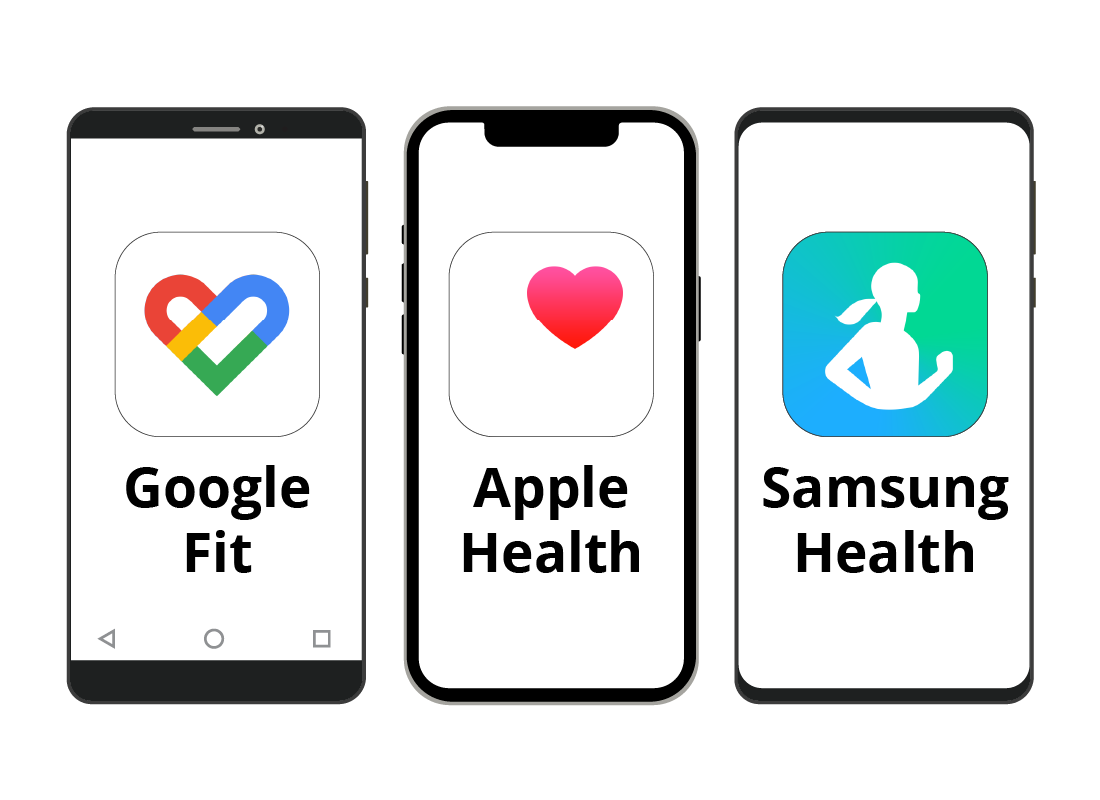 three smart phones displaying health apps